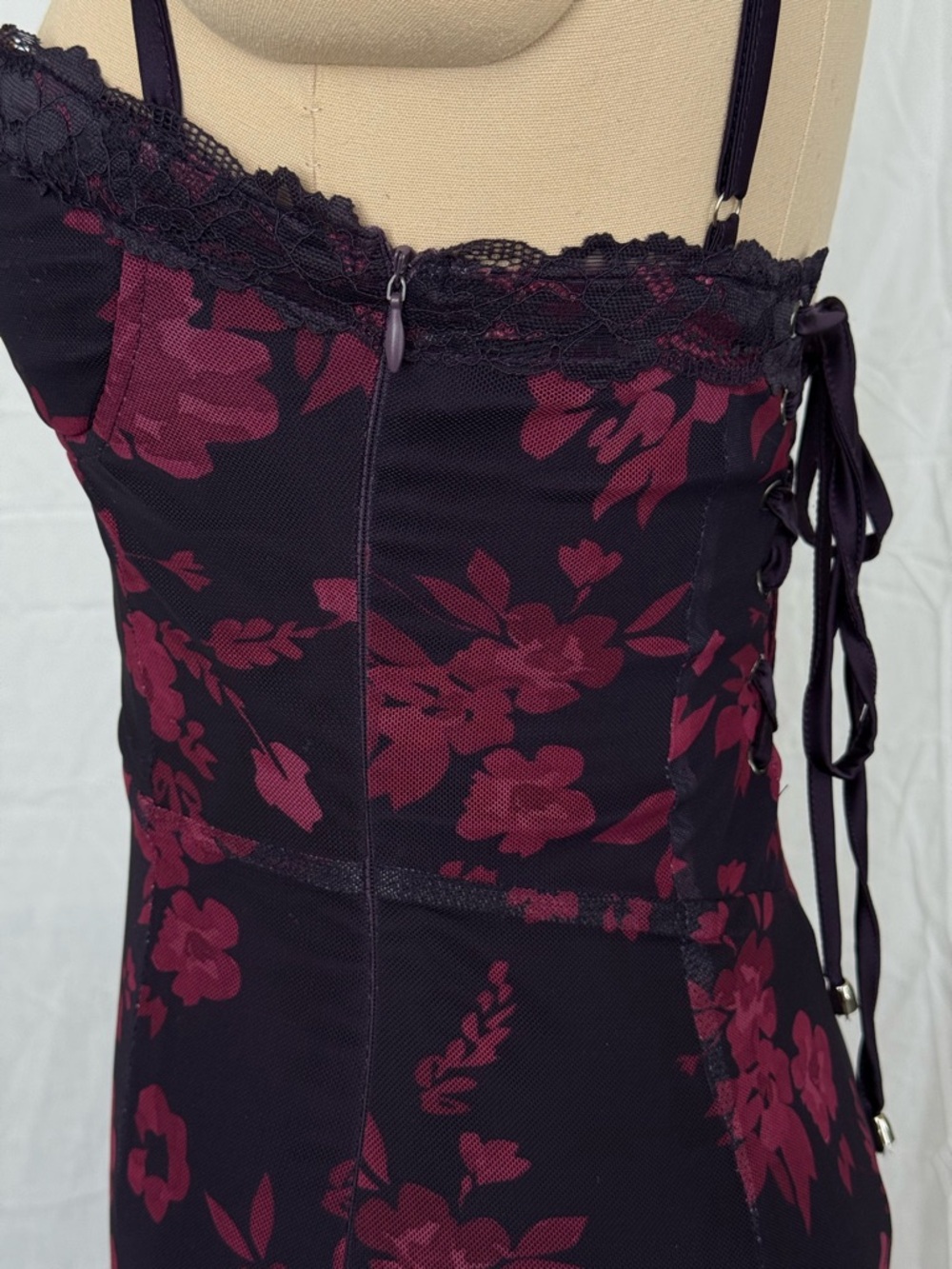 Maxi Corset Dark Purple / Wine Red Floral Lace-Up Bustier Dress - Picture 8 of 9